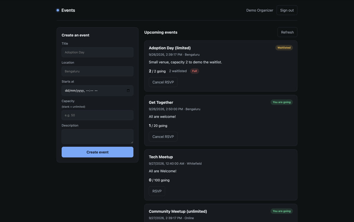 Events App dashboard with event creation form and RSVP waitlist