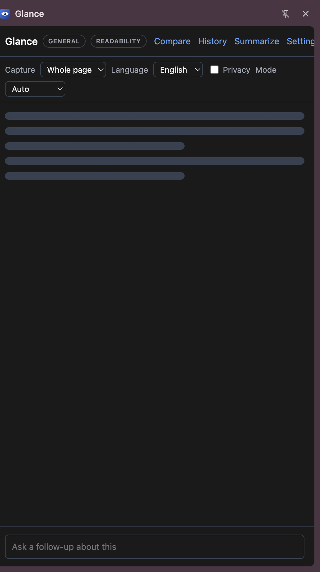 Glance Chrome extension side panel with capture controls and summary view