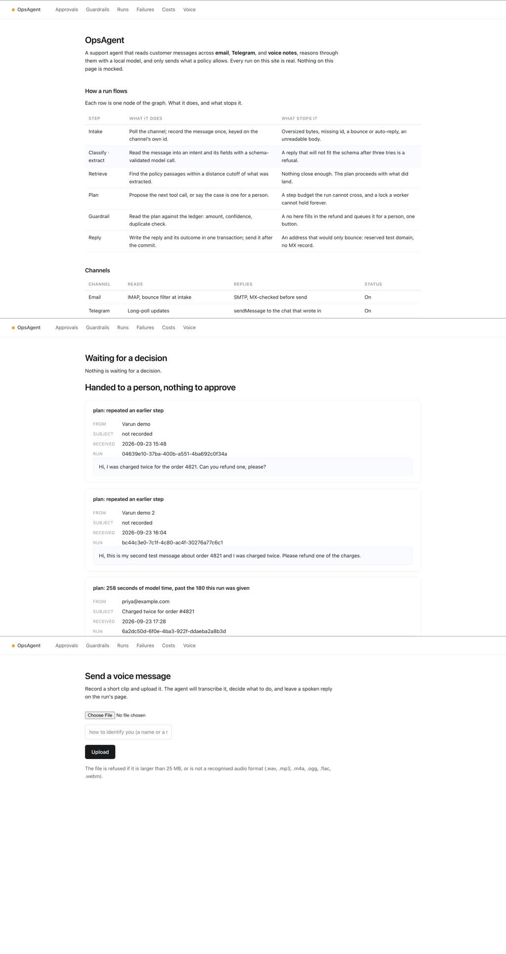 OpsAgent dashboard showing run flow, approvals queue, and voice channel