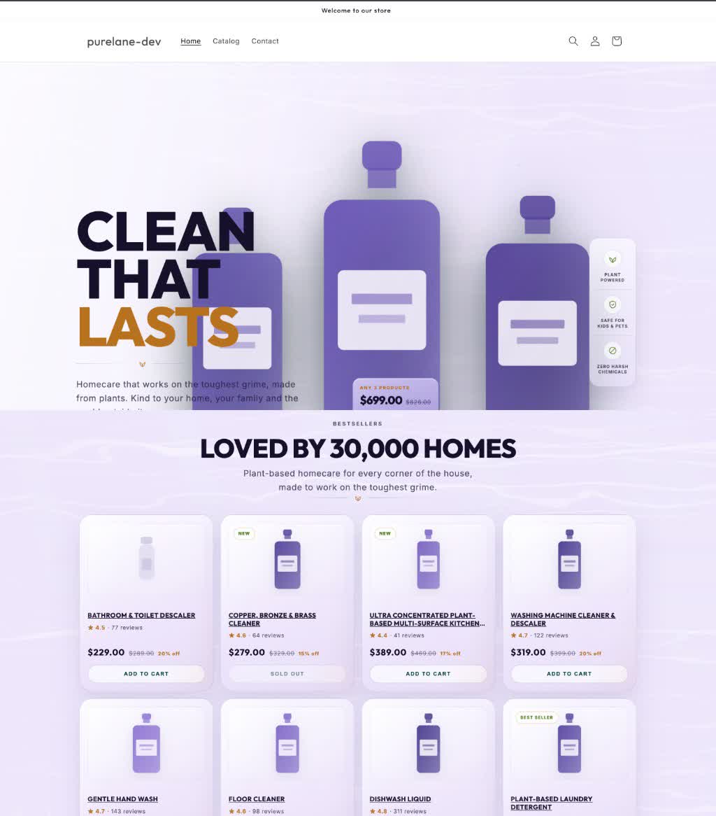 Purelane Shopify storefront hero and bestsellers section